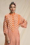 Buy_Rajdeep Ranawat_Orange Silk Band Collar Bandhani Print Kurta And Pant Set  _Online_at_Aza_Fashions