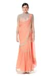 Rabani & Rakha_Peach Georgette High Neck Tiered Lehenga Saree  _Online_at_Aza_Fashions