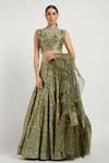 Buy_Rabani & Rakha_Green Organza, Dupion Stand Collar Rabia Printed Lehenga Set _at_Aza_Fashions