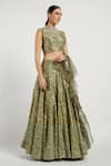 Rabani & Rakha_Green Organza, Dupion Stand Collar Rabia Printed Lehenga Set _Online_at_Aza_Fashions