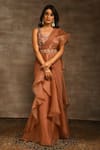 Buy_Radhika & Raghav_Brown Chiffon Embroidery Thread Ruffle Pre-stitched Saree With Blouse  _at_Aza_Fashions