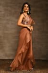 Radhika & Raghav_Brown Chiffon Embroidery Thread Ruffle Pre-stitched Saree With Blouse  _Online_at_Aza_Fashions