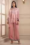 Buy_Rajdeep Ranawat_Pink Silk Mandarin Collar Asymmetric Kaftan Tunic And Pant Set  _at_Aza_Fashions