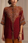 Buy_Rajdeep Ranawat_Red Silk Mandarin Collar Shirt Tunic And Pant Set  _Online_at_Aza_Fashions