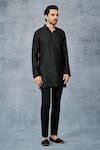 Buy_Raghavendra Rathore Jodhpur_Black Silk Tanchoi Geometric Pattern Short Kurta _at_Aza_Fashions