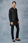 Raghavendra Rathore Jodhpur_Black Silk Tanchoi Geometric Pattern Short Kurta _Online_at_Aza_Fashions