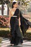 Shop_Rashika Sharma_Black Chrome Silk And Chinnon Chiffon lining Pre-draped Saree With Blouse _Online_at_Aza_Fashions