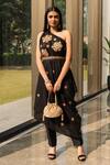 Buy_Rashika Sharma_Black Croma Silk Embroidery Asymmetric Embellished Draped Tunic And Pant Set _at_Aza_Fashions