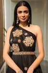 Rashika Sharma_Black Croma Silk Embroidery Asymmetric Embellished Draped Tunic And Pant Set _Online_at_Aza_Fashions