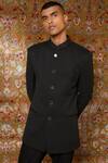 Qbik_Black Viscose Wool Button Front Bandhgala Set_Online_at_Aza_Fashions