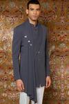 Qbik_Grey Viscose Wool Draped Bandhgala Set_Online_at_Aza_Fashions