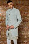Qbik_Blue Viscose Wool Overlap Sherwani Kurta Set_Online_at_Aza_Fashions