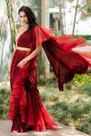 Rashika Sharma_Maroon Blouse Croma Silk Embroidery Mirror Lasha Ruffle Pre-draped Saree With _Online_at_Aza_Fashions