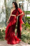 Buy_Rashika Sharma_Maroon Blouse Croma Silk Embroidery Mirror Lasha Ruffle Pre-draped Saree With _Online_at_Aza_Fashions