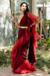 Shop_Rashika Sharma_Maroon Blouse Croma Silk Embroidery Mirror Lasha Ruffle Pre-draped Saree With _Online_at_Aza_Fashions