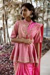 Rashika Sharma_Pink Saree Paper  Jacket Handloom Embroidery Mandarin Collar With _Online_at_Aza_Fashions