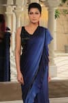 Buy_Reynu Taandon_Blue Chanderi Silk V Neck Frill Pre-draped Saree _Online_at_Aza_Fashions
