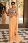Buy_Reynu Taandon_Peach Lycra Round Pre-draped Saree With Chanderi Blouse _at_Aza_Fashions
