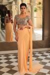 Shop_Reynu Taandon_Peach Lycra Round Pre-draped Saree With Chanderi Blouse _at_Aza_Fashions