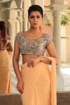 Reynu Taandon_Peach Lycra Round Pre-draped Saree With Chanderi Blouse _Online_at_Aza_Fashions