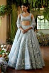 Buy_Reynu Taandon_Blue Net V Neck Iris Bridal Lehenga Set_at_Aza_Fashions
