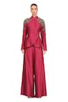 Buy_Rocky Star_Maroon Polyester Lurex Peplum Jacket And Flared Trouser Set_at_Aza_Fashions