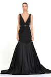 Buy_Rocky Star_Black Satin And Georgette Solid Plunge V Neck Layered Frill Gown  _at_Aza_Fashions