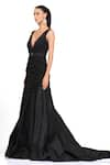 Buy_Rocky Star_Black Satin And Georgette Solid Plunge V Neck Layered Frill Gown  _Online_at_Aza_Fashions