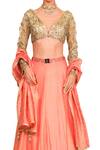 Shop_Rocky Star_Coral Raw Silk Embroidered Sequins V Neck Lehenga Set For Women_Online_at_Aza_Fashions