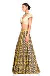 Rocky Star Yellow Organza And Net Floral Patchwork V Neck Godet Lehenga With Ruffle Top Online at Aza Fashions Rocky Star_Yellow Organza And Net Floral Patchwork V Neck Godet Lehenga With Ruffle Top_Online_at_Aza_Fashions