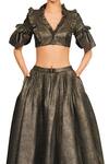 Shop_Rocky Star_Gold Polyester Lurex Woven Geometric Ruffled Neck Blouse And Skirt Set _Online_at_Aza_Fashions