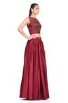 Rocky Star_Maroon Raw Silk Cutdana, Floral Boat Neck Blouse And Skirt Set_Online_at_Aza_Fashions