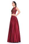 Buy_Rocky Star_Maroon Raw Silk Cutdana, Floral Boat Neck Blouse And Skirt Set_Online_at_Aza_Fashions