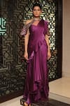 Buy_Reynu Taandon_Purple Chanderi Silk Sweetheart Neck Frill Pre-draped Saree _at_Aza_Fashions