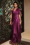 Reynu Taandon_Purple Chanderi Silk Sweetheart Neck Frill Pre-draped Saree _Online_at_Aza_Fashions