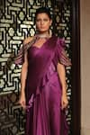 Buy_Reynu Taandon_Purple Chanderi Silk Sweetheart Neck Frill Pre-draped Saree _Online_at_Aza_Fashions