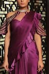 Shop_Reynu Taandon_Purple Chanderi Silk Sweetheart Neck Frill Pre-draped Saree _Online_at_Aza_Fashions