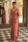 Buy_Reynu Taandon_Pink Lycra, Chanderi Silk V Neck Pre-draped Saree With Blouse _at_Aza_Fashions