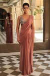 Shop_Reynu Taandon_Pink Lycra, Chanderi Silk V Neck Pre-draped Saree With Blouse _at_Aza_Fashions