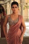 Reynu Taandon_Pink Lycra, Chanderi Silk V Neck Pre-draped Saree With Blouse _Online_at_Aza_Fashions