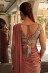 Buy_Reynu Taandon_Pink Lycra, Chanderi Silk V Neck Pre-draped Saree With Blouse _Online_at_Aza_Fashions