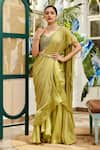 Buy_Nikita Vishakha_Green Saree Georgette Plain V Neck Ruffle With Mesh Blouse _at_Aza_Fashions