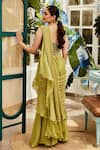 Shop_Nikita Vishakha_Green Saree Georgette Plain V Neck Ruffle With Mesh Blouse _at_Aza_Fashions