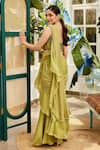 Nikita Vishakha_Green Saree Georgette Plain V Neck Ruffle With Mesh Blouse _Online_at_Aza_Fashions