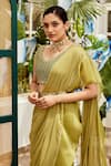 Buy_Nikita Vishakha_Green Saree Georgette Plain V Neck Ruffle With Mesh Blouse _Online_at_Aza_Fashions