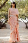 Buy_Nikita Vishakha_Peach Saree Georgette Plain V Neck Ruffle With Mesh Blouse _at_Aza_Fashions