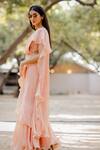 Shop_Nikita Vishakha_Peach Saree Georgette Plain V Neck Ruffle With Mesh Blouse _Online_at_Aza_Fashions