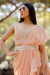 Nikita Vishakha_Peach Saree Georgette Plain V Neck Ruffle With Mesh Blouse _at_Aza_Fashions