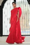 Buy_Reynu Taandon_Red Lycra V Neck Pre-draped Saree With Chanderi Blouse _at_Aza_Fashions