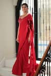 Reynu Taandon_Red Lycra V Neck Pre-draped Saree With Chanderi Blouse _Online_at_Aza_Fashions